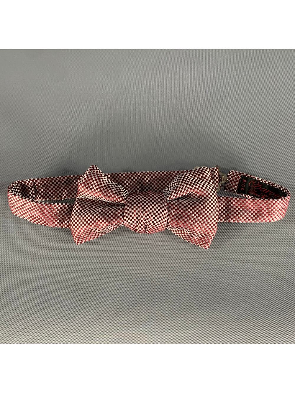 CHARVET Burgundy Silver Checkered Silk Bow Tie